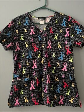Cherokee Black V-Neck Scrub Top with Multicolor Awareness Ribbons